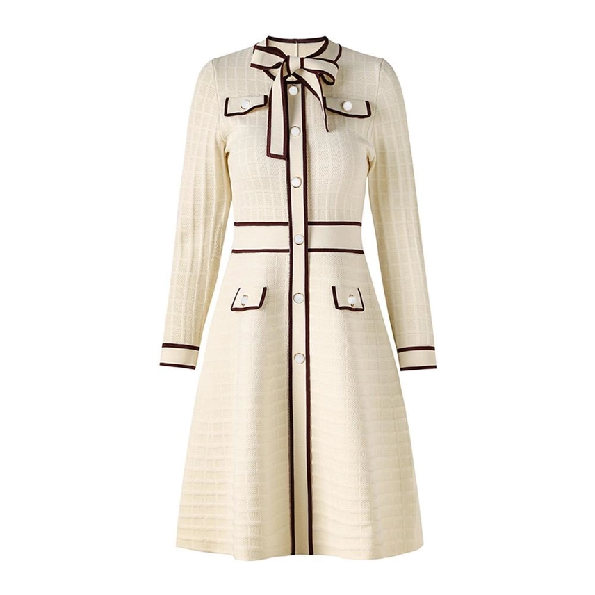 DR831Y Elegant Cream Knit Bow-Tie Trim A-Line Dress