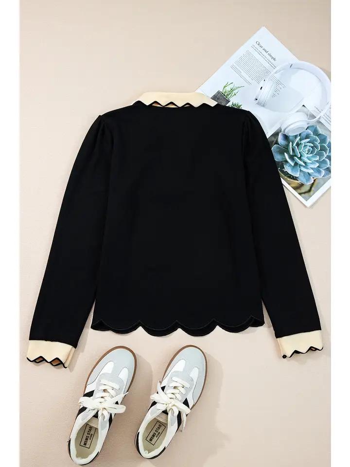 Colorblock Scallop Trim Long Sleeve Collared Top