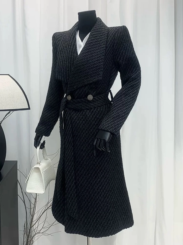 CT106L Retro Tweed Belted Overcoat with Wide Lapel Warmth