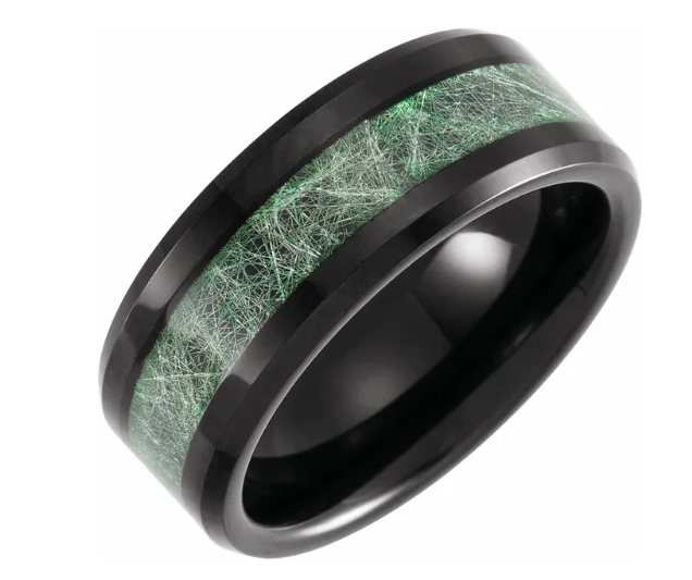 Black Tungsten Ring with Green Fiber Inlay