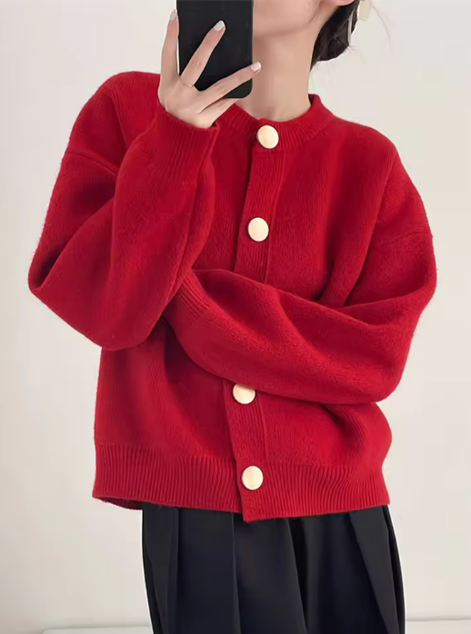 Red Button-Up Knit Cardigan