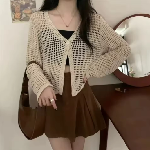 Beige Knit Mesh Cardigan