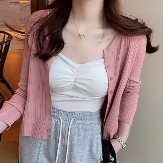 Women's Pink Ribbed Cardigan