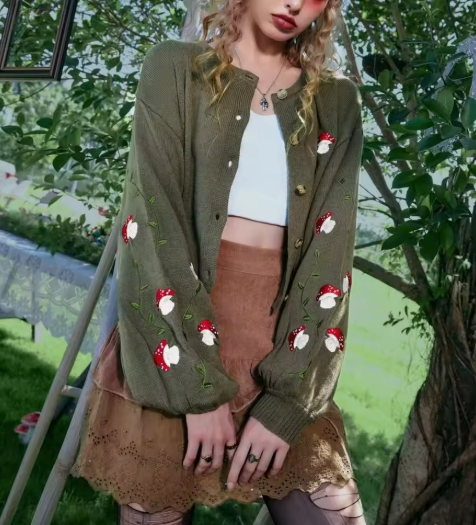 Embroidered Mushroom Cardigan