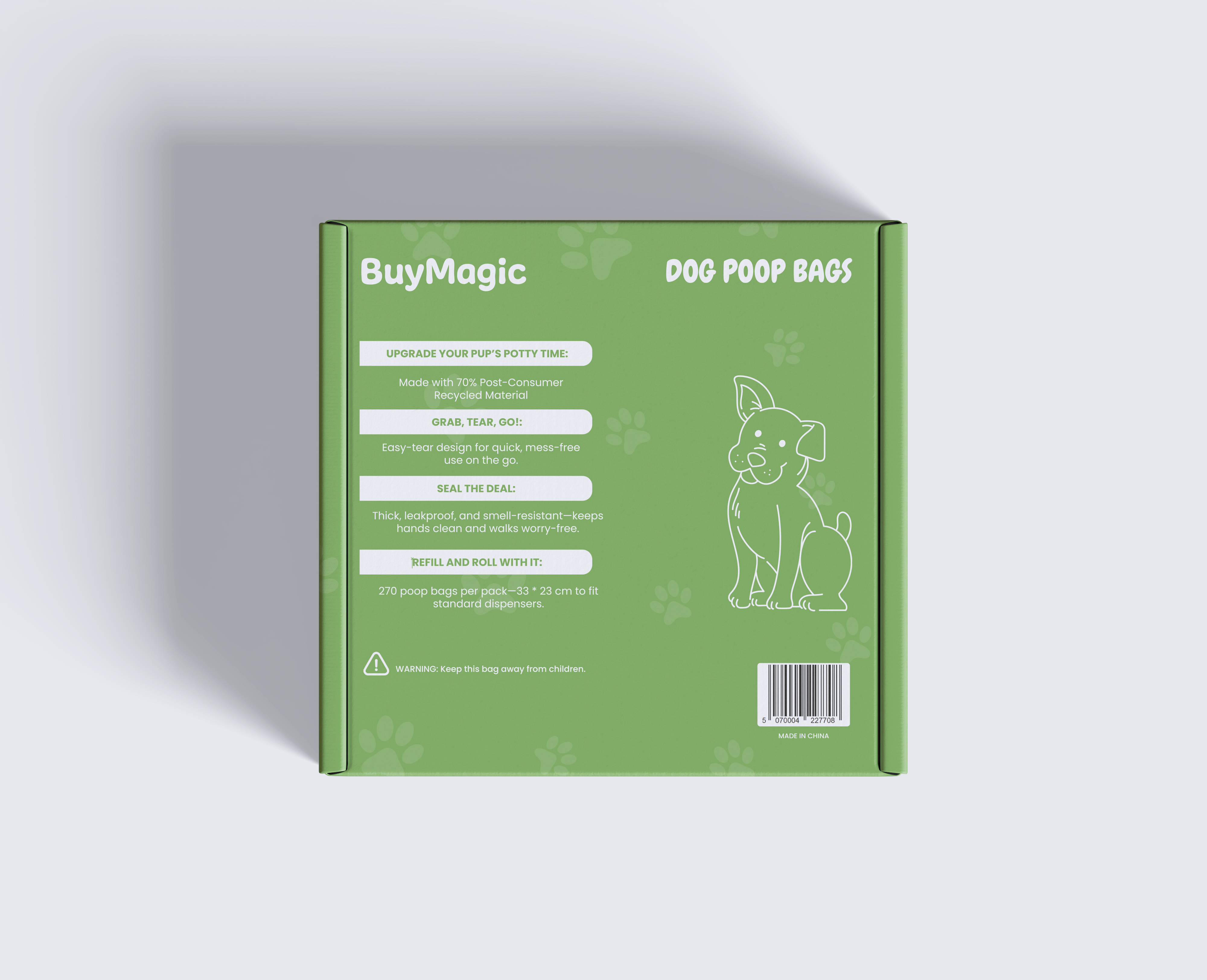 BuyMagic Dog Poop Bags – Unscented, Extra Thick, 100% Leak-Proof, 70% Post-consumer Recycled Plastic, 270 Bags (18 Rolls x 15 Bags), Green Colour, Large Size (33x23cm)