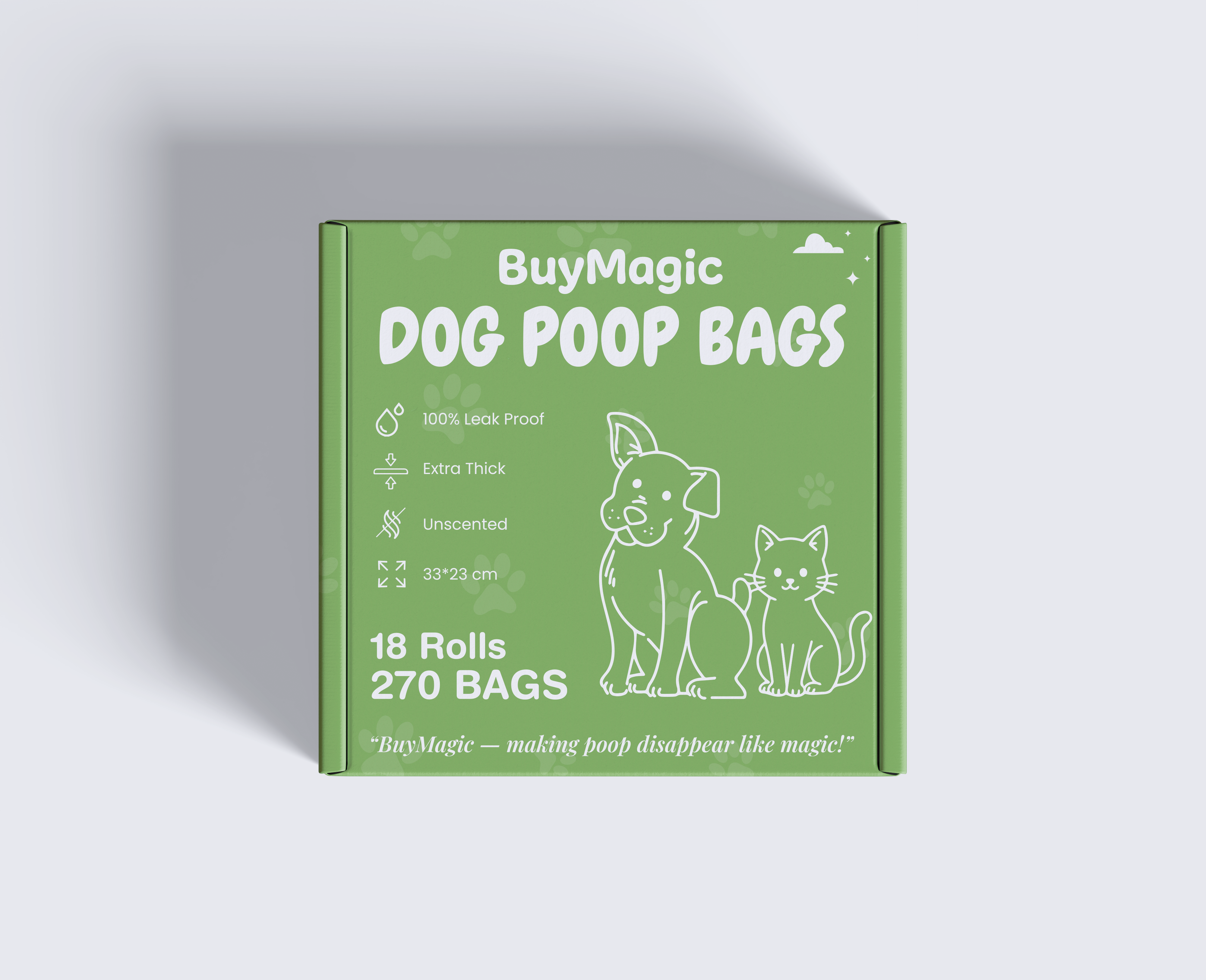 BuyMagic Dog Poop Bags – Unscented, Extra Thick, 100% Leak-Proof, 70% Post-consumer Recycled Plastic, 270 Bags (18 Rolls x 15 Bags), Green Colour, Large Size (33x23cm)