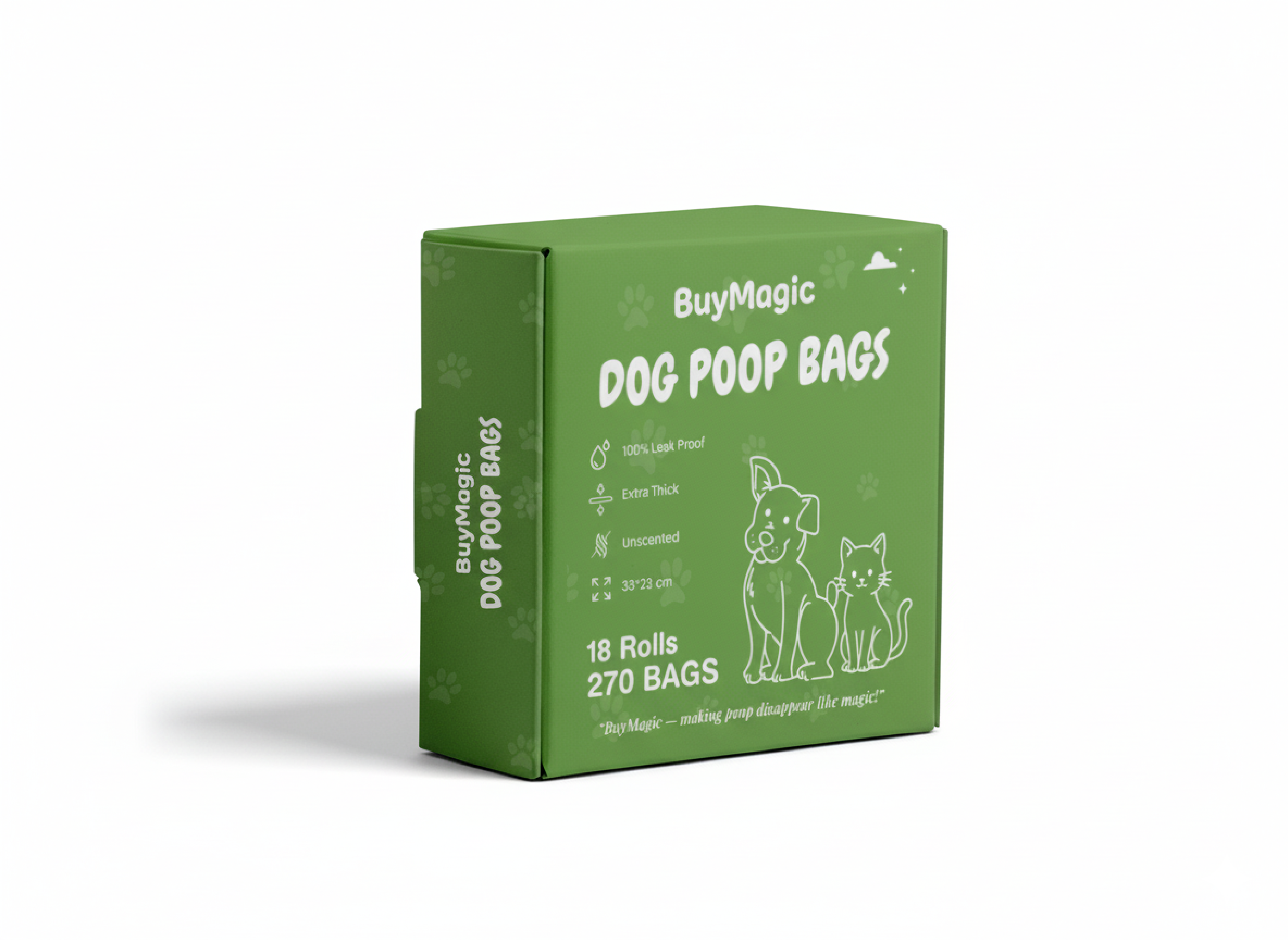 BuyMagic Dog Poop Bags – Unscented, Extra Thick, 100% Leak-Proof, 70% Post-consumer Recycled Plastic, 270 Bags (18 Rolls x 15 Bags), Green Colour, Large Size (33x23cm)