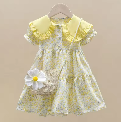 Yellow Floral Girls' Dress with Purse