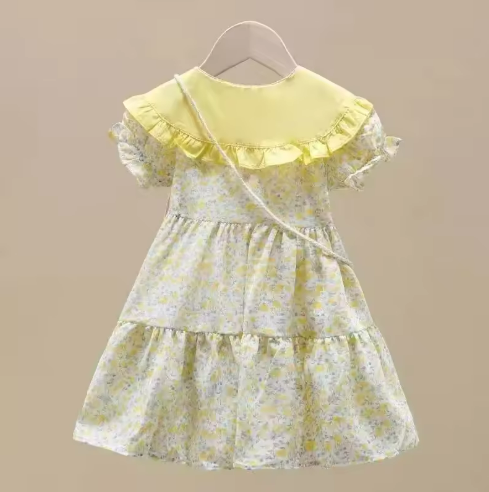 Yellow Floral Girls' Dress with Purse