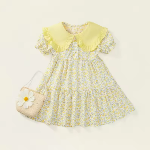 Yellow Floral Girls' Dress with Purse