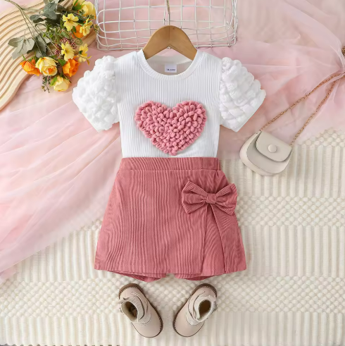 Toddler Girl's Heart Puff Sleeve Outfit