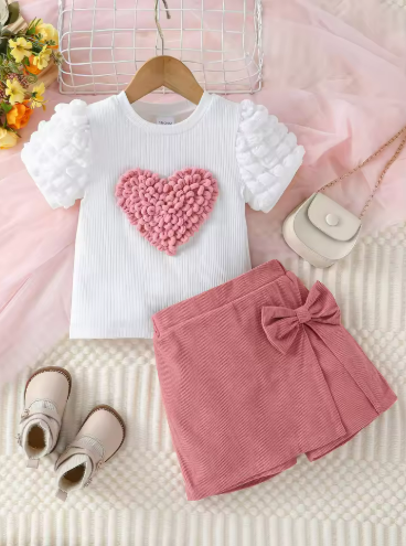 Toddler Girl's Heart Puff Sleeve Outfit