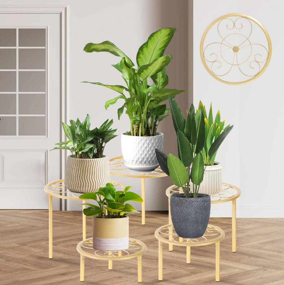 5-piece set of metal plant potted flower racks, heavy-duty flower pot plant racks of different sizes, iron flower racks, suitable for indoor and outdoor home decoration (Gold)