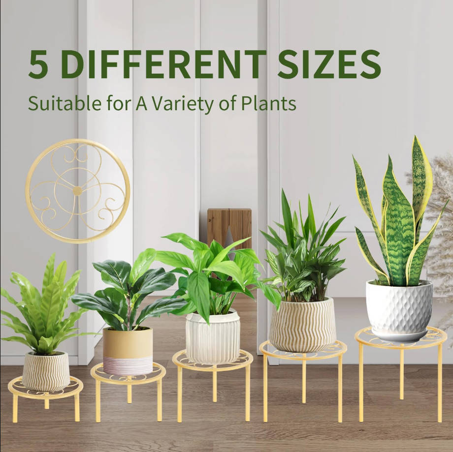 5-piece set of metal plant potted flower racks, heavy-duty flower pot plant racks of different sizes, iron flower racks, suitable for indoor and outdoor home decoration (Gold)