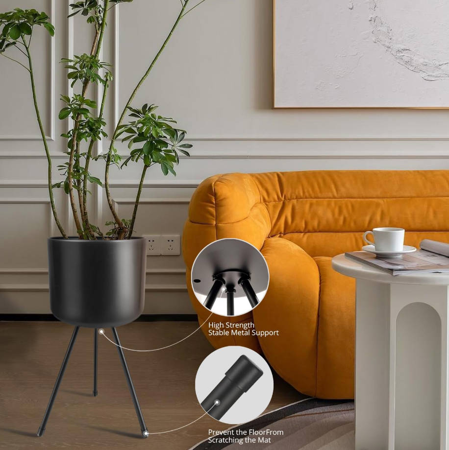 Mid-Century Metal Flowerpot with Stands, Black Stylish Modern Floor-Standing Flowerpot,Suitable for Orchid, Aloe Indoor Outdoor Decoration 8.5'' Wide 18'' high