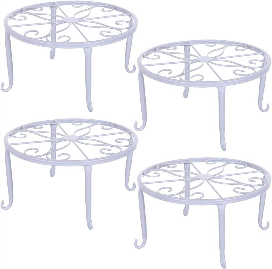 4-Pack 9" Metal Plant Stands for Indoor and Outdoor, Planters, Flower Pots Holder, Beverage Dispenser, Pumpkin Stand for Floor and Tabletop Decoration - White