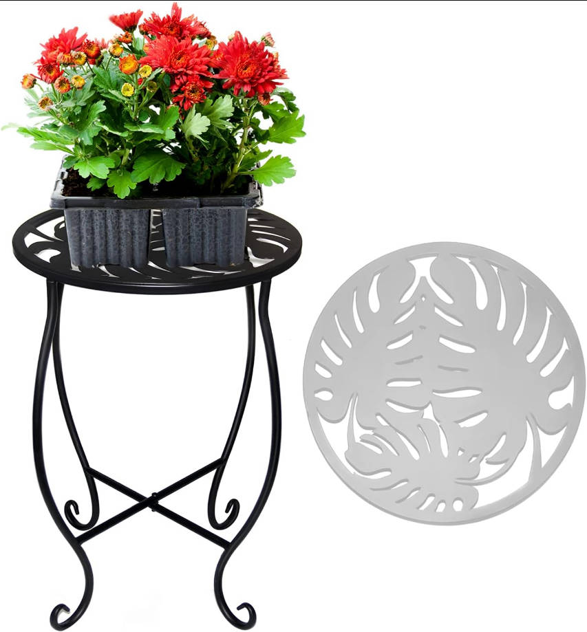 15'' Tall Round Plant Stand, 10-inch Round Metal Flower Pot Holder, Indoor/Outdoor, Rustproof, Black, Cast Iron, 30 lbs Load Capacity