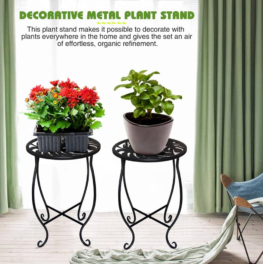 15'' Tall Round Plant Stand, 10-inch Round Metal Flower Pot Holder, Indoor/Outdoor, Rustproof, Black, Cast Iron, 30 lbs Load Capacity