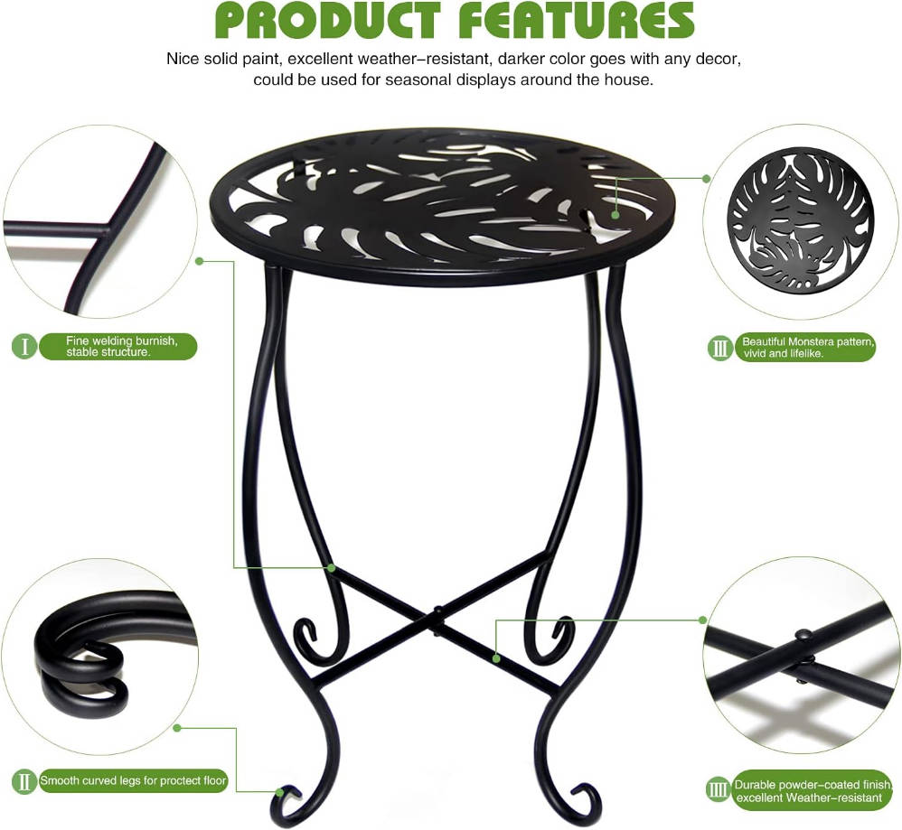 15'' Tall Round Plant Stand, 10-inch Round Metal Flower Pot Holder, Indoor/Outdoor, Rustproof, Black, Cast Iron, 30 lbs Load Capacity