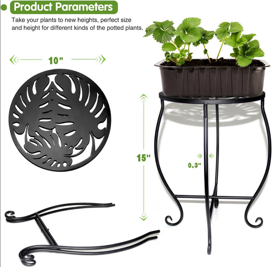 15'' Tall Round Plant Stand, 10-inch Round Metal Flower Pot Holder, Indoor/Outdoor, Rustproof, Black, Cast Iron, 30 lbs Load Capacity