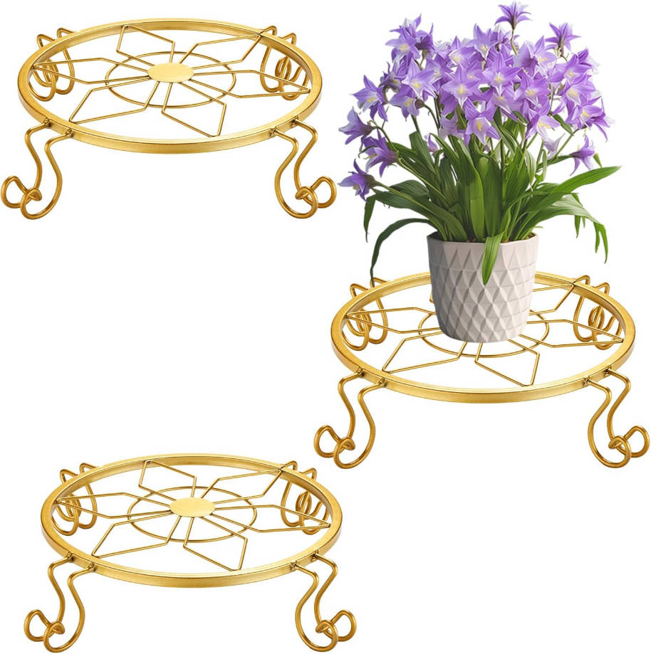 Heavy metal plant rack, rust proof iron flower pot rack, indoor/outdoor circular garden plant rack (3-piece set in gold)