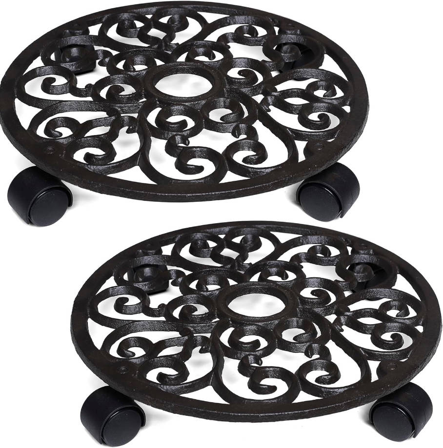 2 Pack Plant Caddies Heavy Duty Cast Iron Flowerpot Holder, Flower Stand Round Planter Holder with Wheels 11 inch