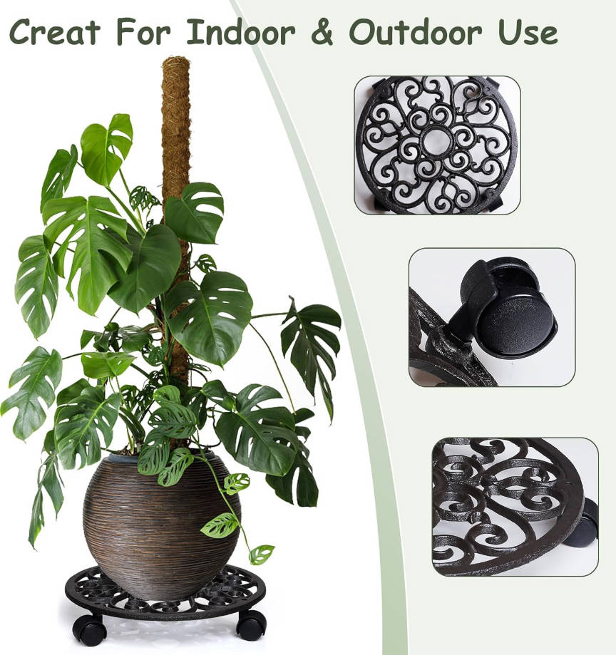 2 Pack Plant Caddies Heavy Duty Cast Iron Flowerpot Holder, Flower Stand Round Planter Holder with Wheels 11 inch