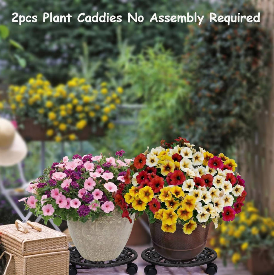2 Pack Plant Caddies Heavy Duty Cast Iron Flowerpot Holder, Flower Stand Round Planter Holder with Wheels 11 inch