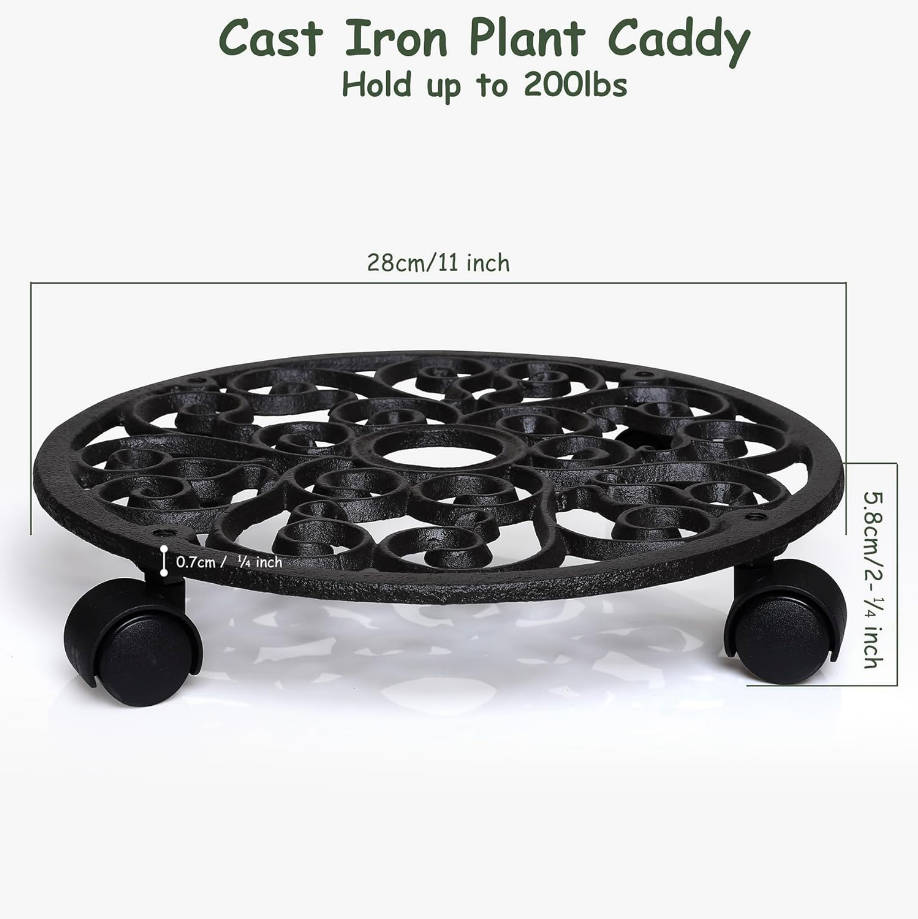 2 Pack Plant Caddies Heavy Duty Cast Iron Flowerpot Holder, Flower Stand Round Planter Holder with Wheels 11 inch