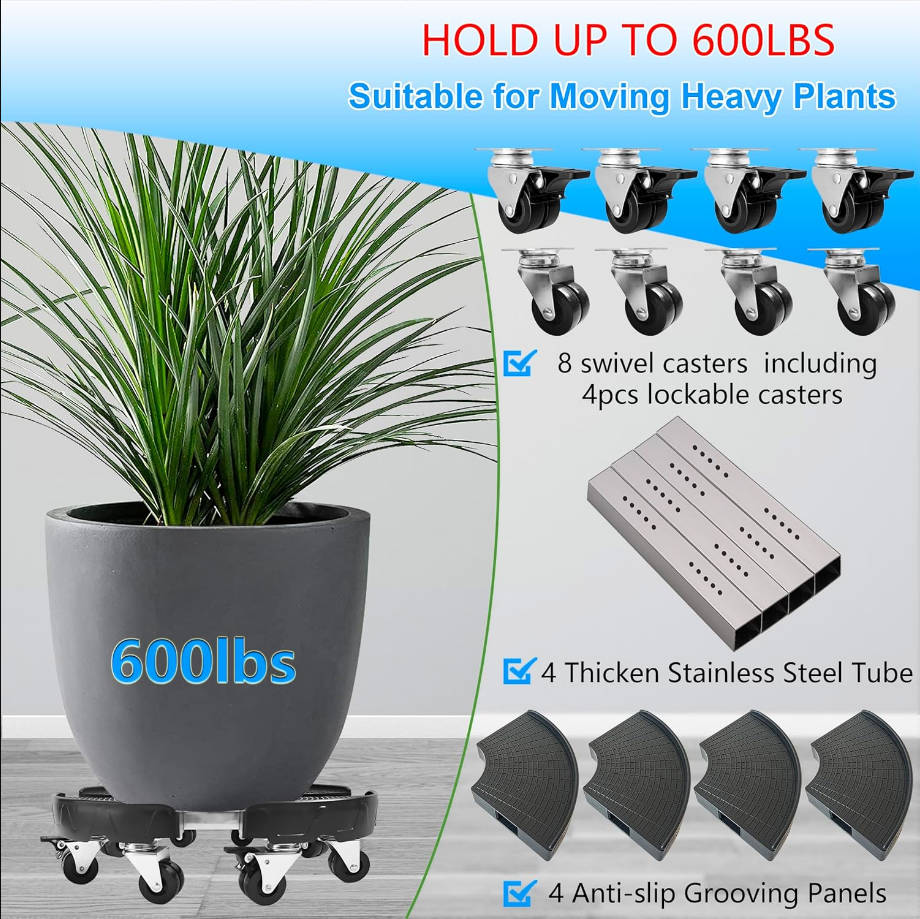 Plant Stand with Wheels, Heavy Duty Plant Caddy with 8 Twin Casters, 2 Pack Adjustable 15-20 Inch Indoor Outdoor Large Rolling Plant Stand Planter Cart Dolly for Flowerpot, 600lbs Capacity