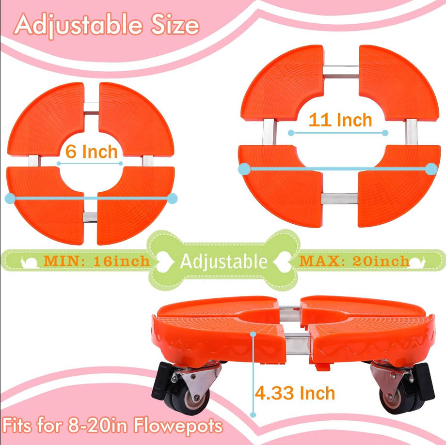 2Packs Plant Caddy with Wheels Heavy Duty,15-20inch Adjustable Rolling Orange Plant Stand with Casters Large Plant Dolly Cart for Indoor Outdoor Plants, Planter, Flowerpots, Plant Pots