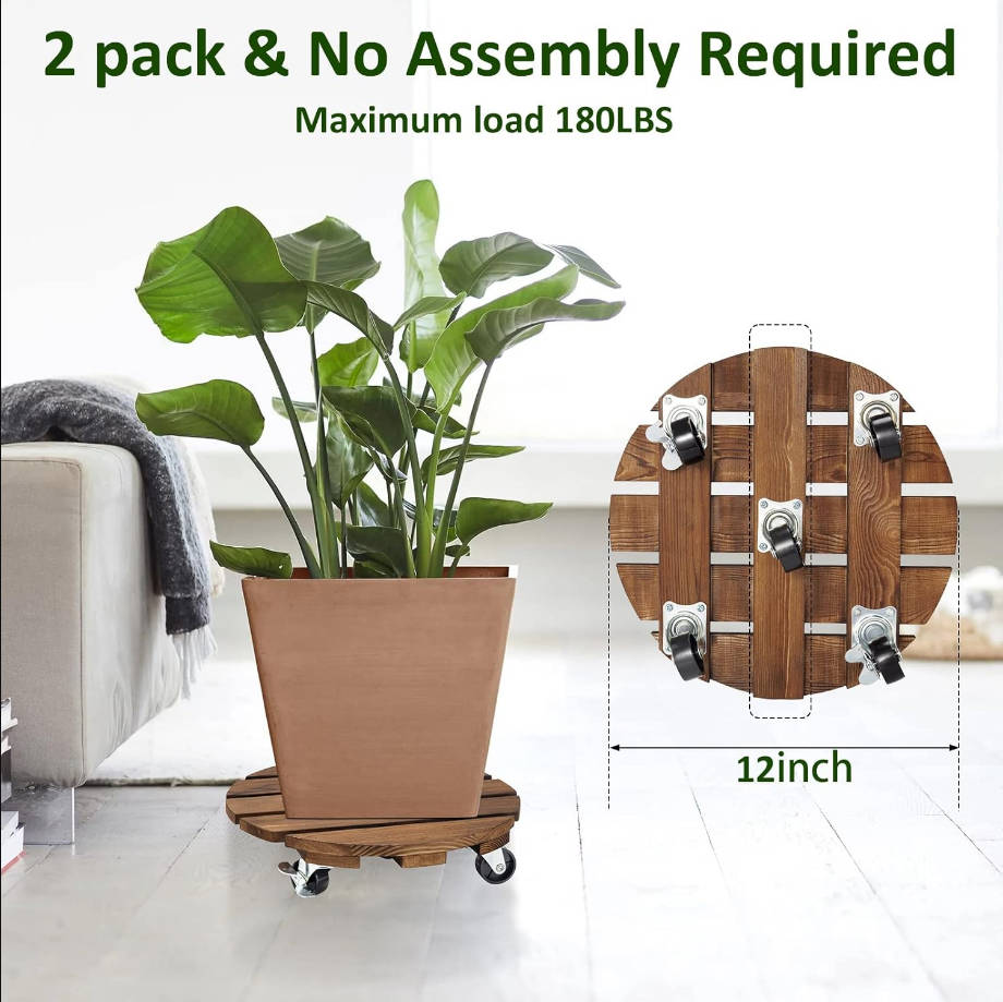 2pack Plant Caddy 12’’Wood Duty Rolling Plant Stand with 2 360° Lockable Caster Wheels,Indoor Outdoor on Roller Patio/Flower Pot/Succulent Pots