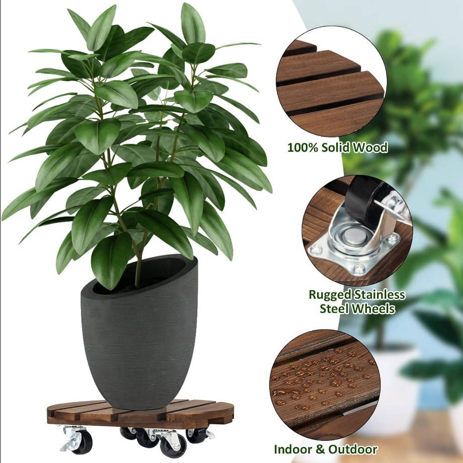 2pack Plant Caddy 12’’Wood Duty Rolling Plant Stand with 2 360° Lockable Caster Wheels,Indoor Outdoor on Roller Patio/Flower Pot/Succulent Pots