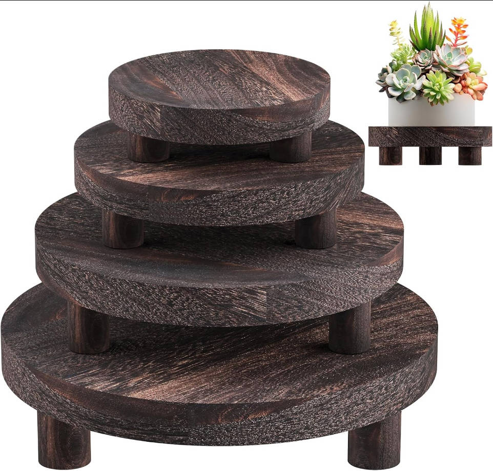 Wood Plant Stand Indoor Outdoor, 12/10/8/6" Round Wood Riser for Decor, Wooden Stool Display Stand Flower Pot Holder Small Planter Tray Modern Potter Decorative for Desktop Counter Room