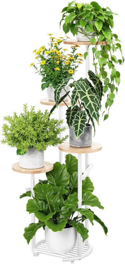 5 Tier Metal Plant Stand Indoor, Plant Shelf, Corner Shelf Flower Pot Stand for Outdoor Plant Stand for Living Room Balcony Garden Patio Bedroom (White and Wood, 42inches)