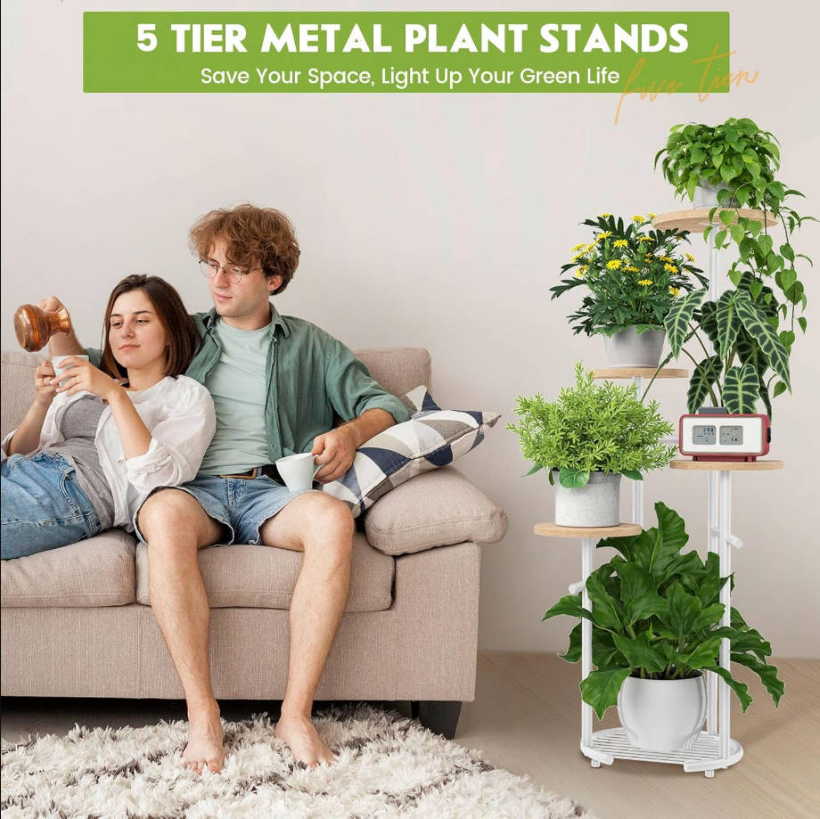 5 Tier Metal Plant Stand Indoor， Plant Shelf, Corner Shelf Flower Pot Stand for Outdoor Plant Stand for Living Room Balcony Garden Patio Bedroom (White and Wood, 42inches)