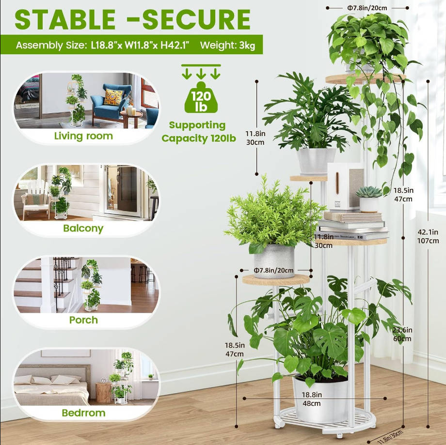 5 Tier Metal Plant Stand Indoor， Plant Shelf, Corner Shelf Flower Pot Stand for Outdoor Plant Stand for Living Room Balcony Garden Patio Bedroom (White and Wood, 42inches)