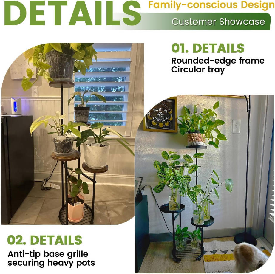 5 Tier Metal Plant Stand Indoor， Plant Shelf, Corner Shelf Flower Pot Stand for Outdoor Plant Stand for Living Room Balcony Garden Patio Bedroom (White and Wood, 42inches)