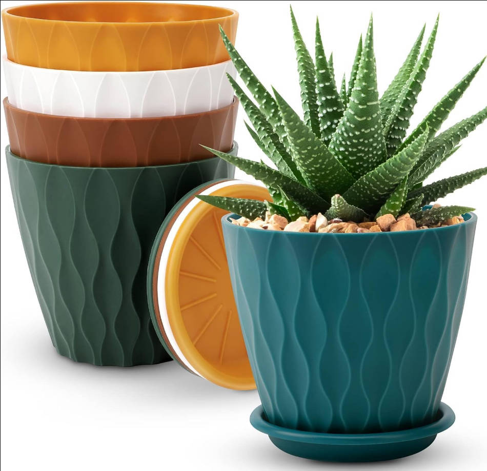 6 inch Plant Pots, 5 Pack Flower Pots Outdoor Indoor, Planters with Drainage Holes and Tray Saucers(Multicolor)