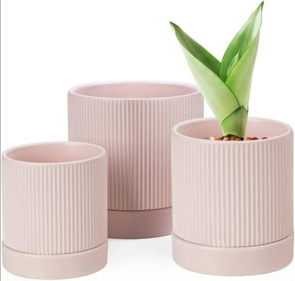 3 Pack Ceramic Plant Pots 6/5/4 inch, Flowerpot for Indoor Plants with Drainage Holes and Tray, Outdoor Garden Planters, Modern Decorative for Home, Pink Vertical Stripes