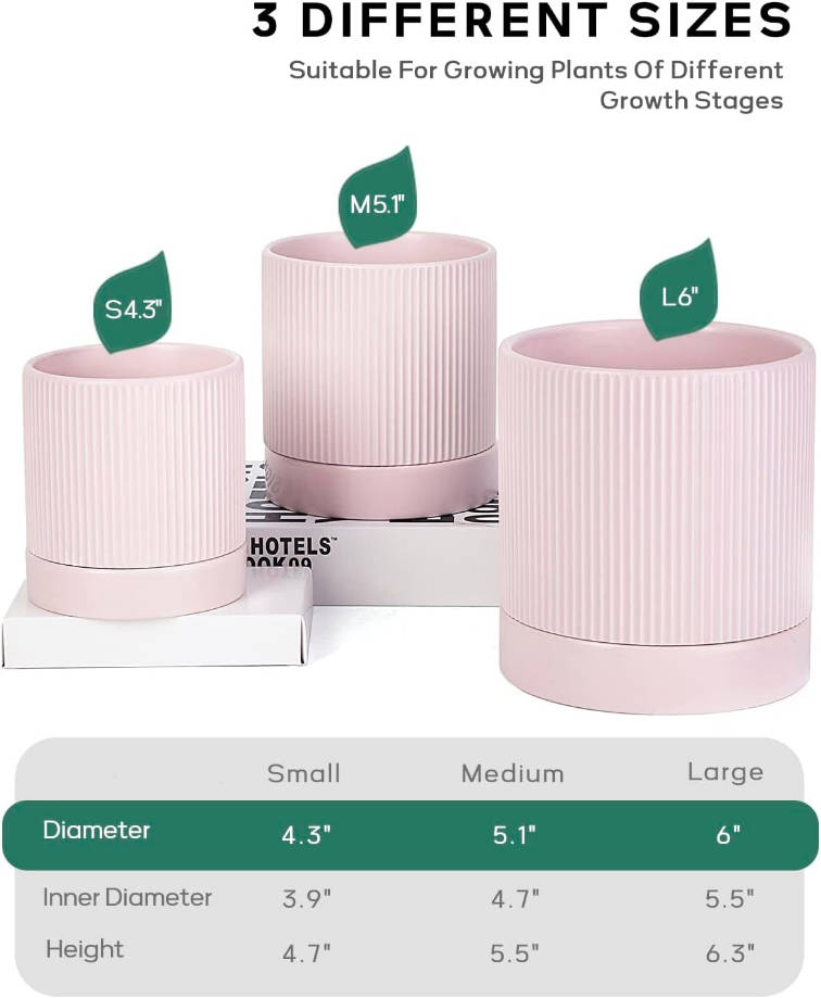 3 Pack Ceramic Plant Pots 6/5/4 inch, Flowerpot for Indoor Plants with Drainage Holes and Tray, Outdoor Garden Planters, Modern Decorative for Home, Pink Vertical Stripes