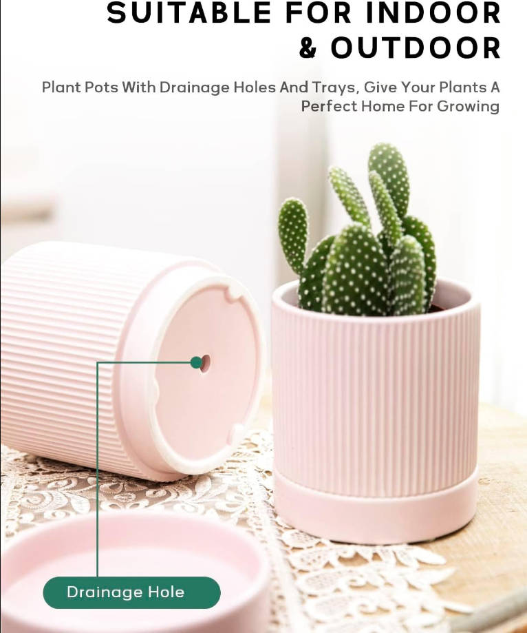3 Pack Ceramic Plant Pots 6/5/4 inch, Flowerpot for Indoor Plants with Drainage Holes and Tray, Outdoor Garden Planters, Modern Decorative for Home, Pink Vertical Stripes