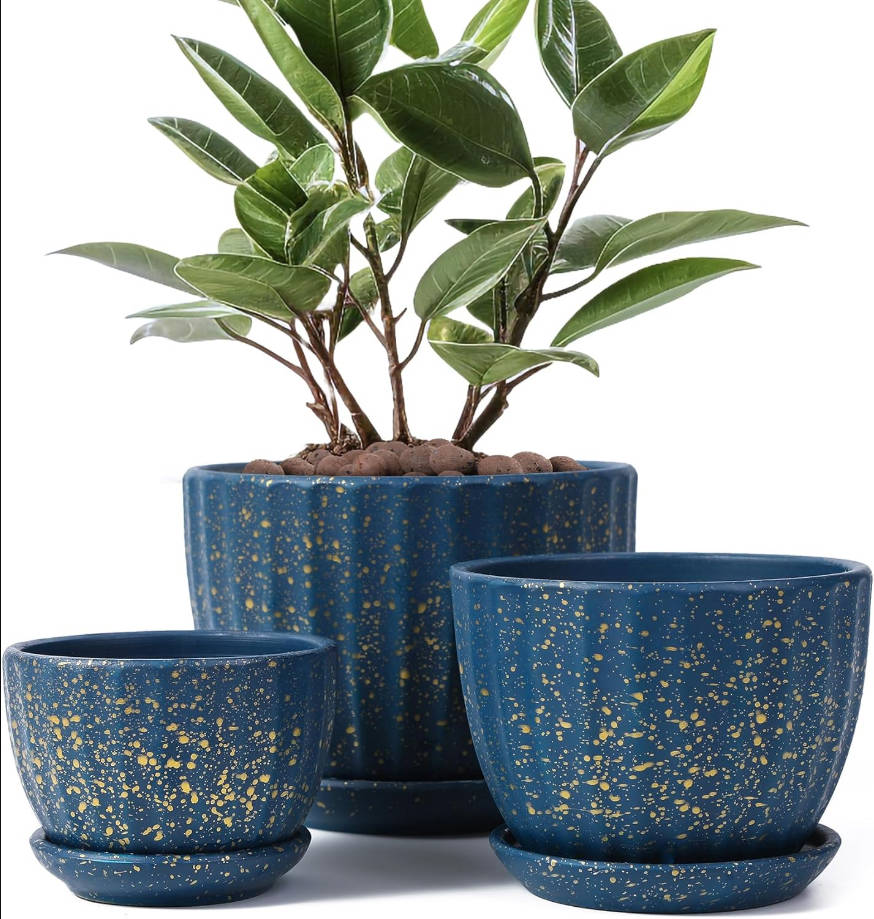 Plant Pots with Drainage Holes and Saucers, Round Blue Flower Pots for Indoor Plant, Diameter 3.3/4.3/5.5 Inches Small Mini Flower Planters Set of 3