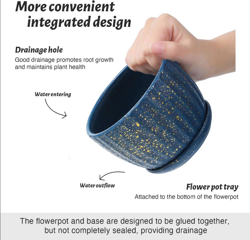Plant Pots with Drainage Holes and Saucers, Round Blue Flower Pots for Indoor Plant, Diameter 3.3/4.3/5.5 Inches Small Mini Flower Planters Set of 3