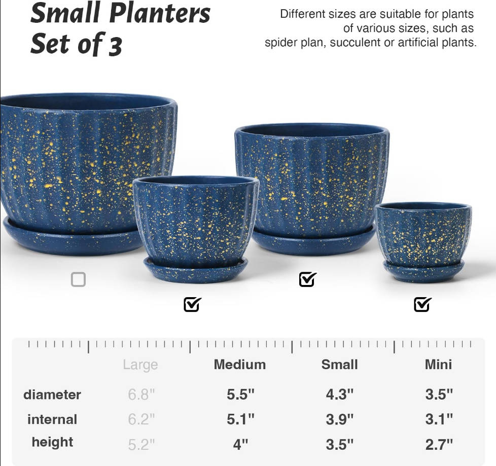 Plant Pots with Drainage Holes and Saucers, Round Blue Flower Pots for Indoor Plant, Diameter 3.3/4.3/5.5 Inches Small Mini Flower Planters Set of 3
