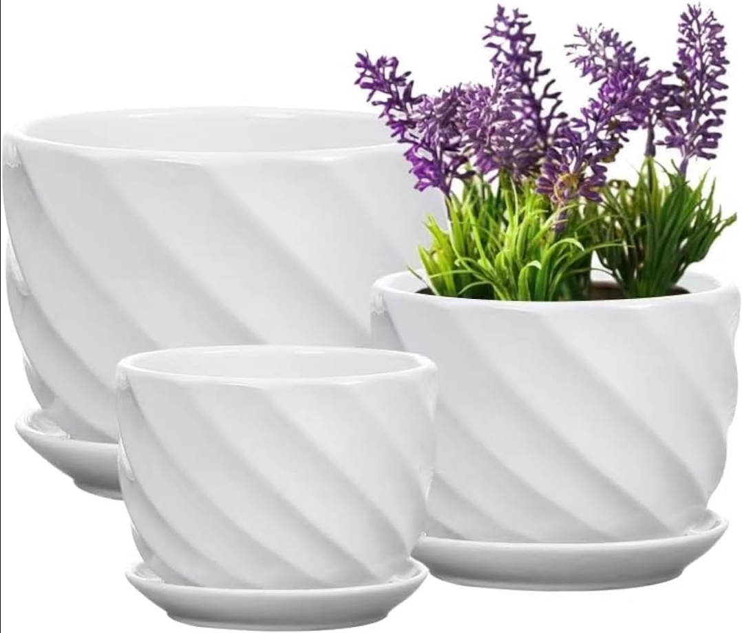 Set of 3 Ceramic Plant Pot - Flower Plant Pots Indoor with Saucers,Small to Medium Sized Round Modern Ceramic Garden Flower Pots (White)