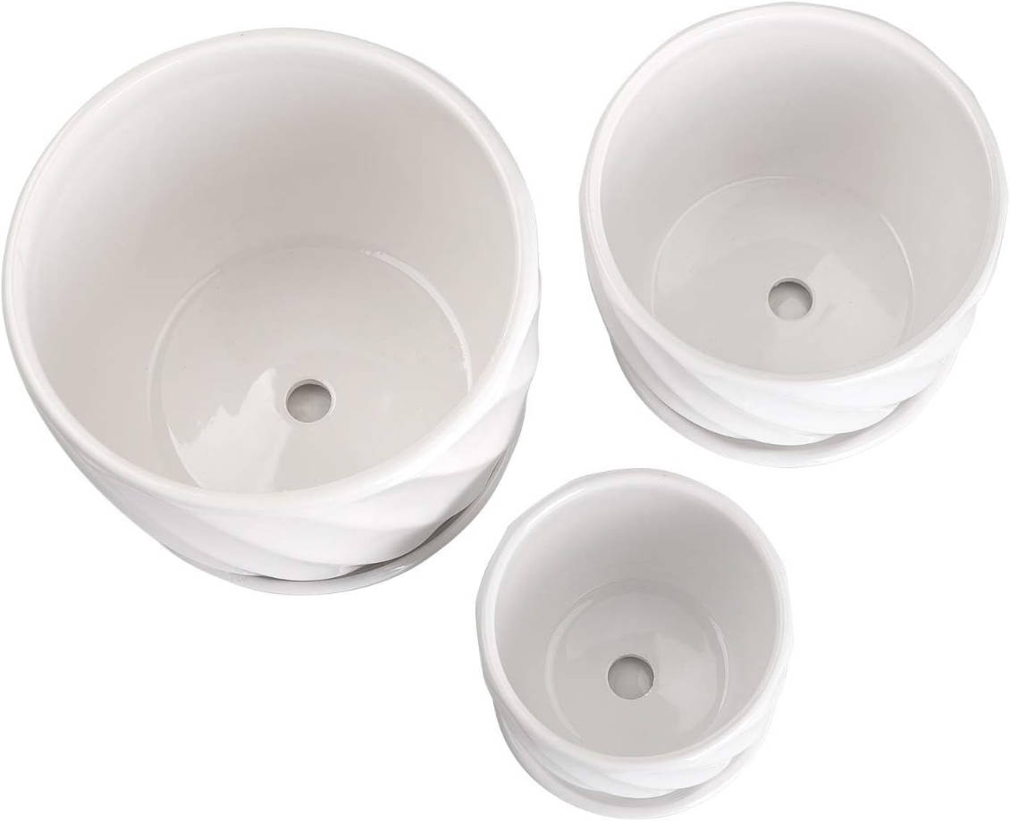 Set of 3 Ceramic Plant Pot - Flower Plant Pots Indoor with Saucers,Small to Medium Sized Round Modern Ceramic Garden Flower Pots (White)