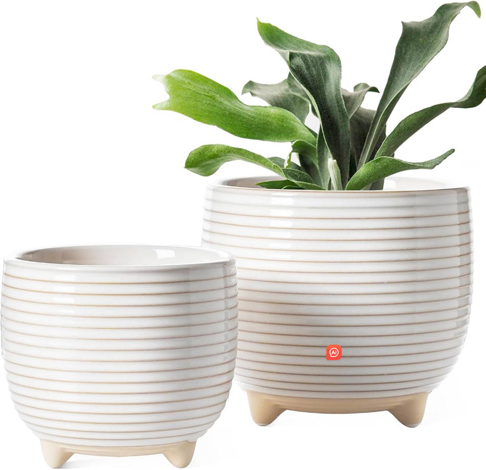 Ceramic Plant Pots, 5.1 + 6.4 Inch Footed Pots for Plants, Modern Flower Pots for Home and Office, Indoor Planters with Drainage, Reactive Glaze White