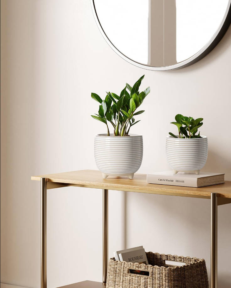 Ceramic Plant Pots, 5.1 + 6.4 Inch Footed Pots for Plants, Modern Flower Pots for Home and Office, Indoor Planters with Drainage, Reactive Glaze White