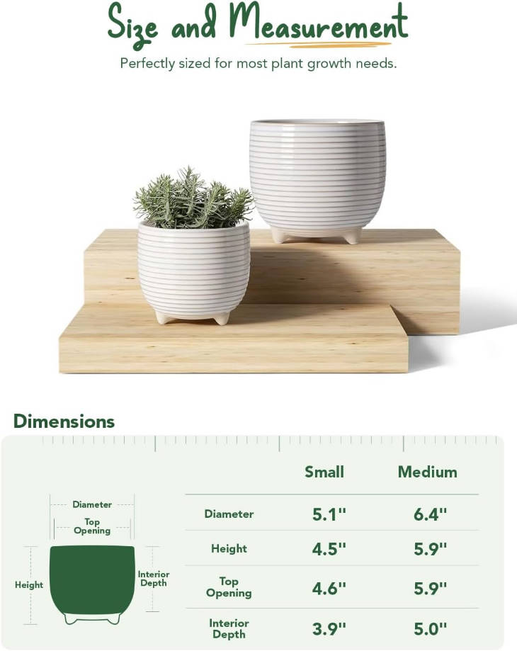 Ceramic Plant Pots, 5.1 + 6.4 Inch Footed Pots for Plants, Modern Flower Pots for Home and Office, Indoor Planters with Drainage, Reactive Glaze White